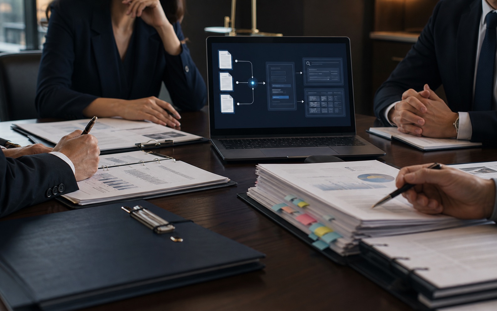 Anonymous executive table with contracts, finance documents, and AI governance workflow