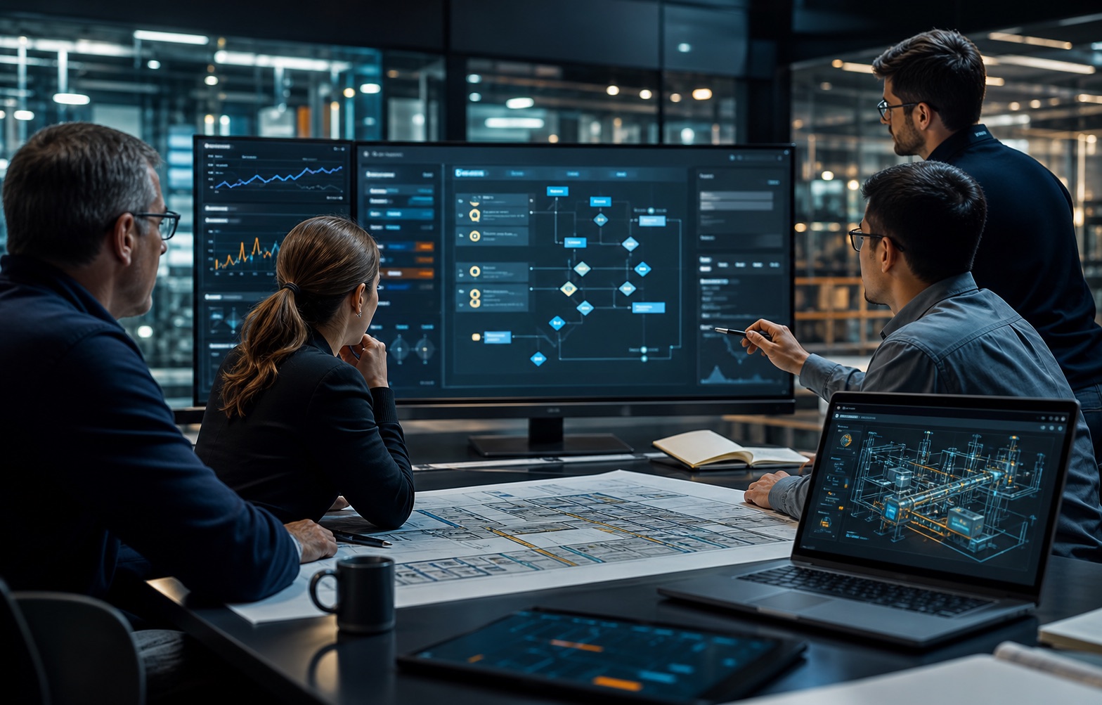 Operations team reviewing AI-assisted diagnostics in an anonymous industrial control room