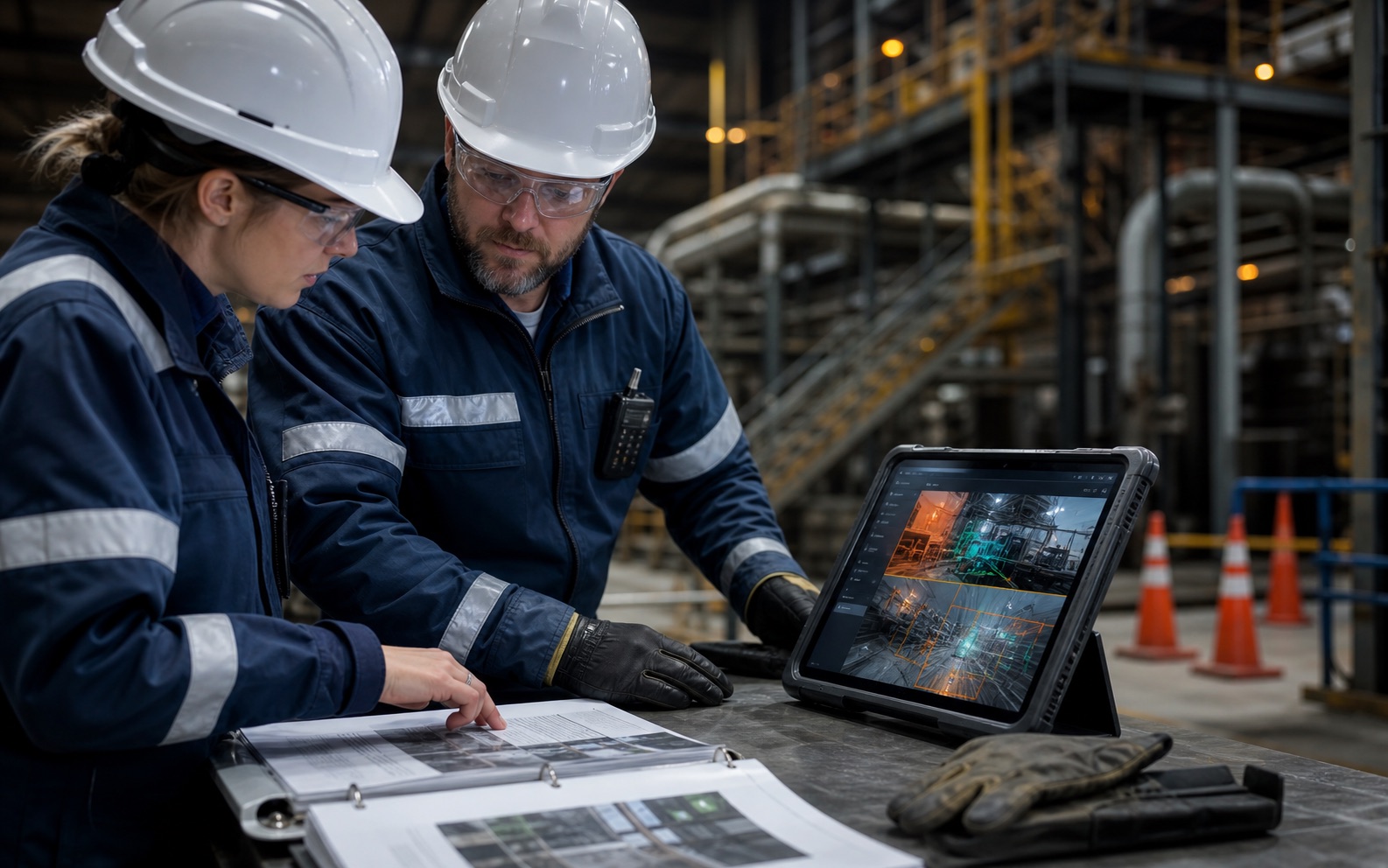 Safety team reviewing field photos and procedures on an anonymous industrial site